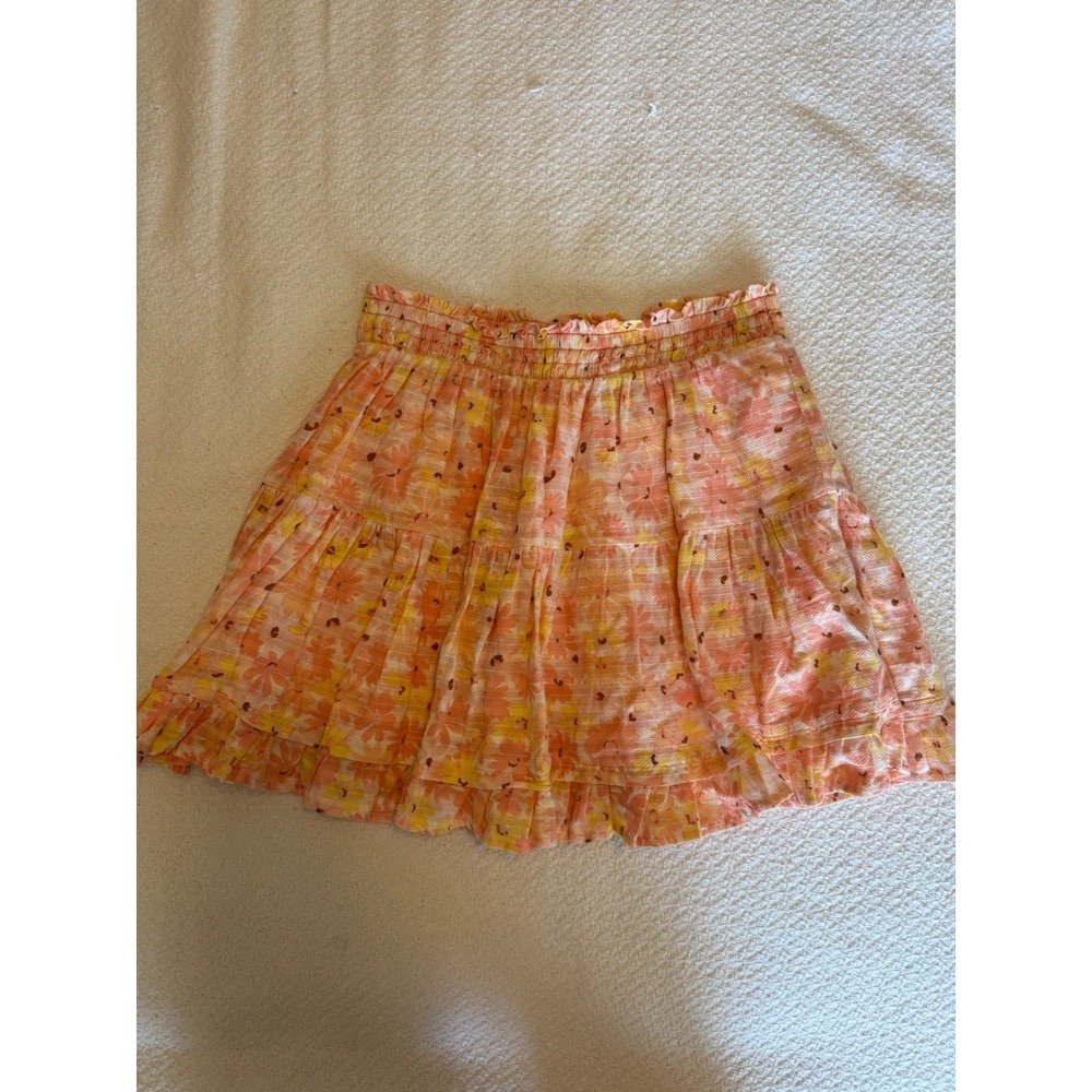 True Craft Orange Floral Tiered Mini Skirt Smocked Waist Ruffle Hem Medium
